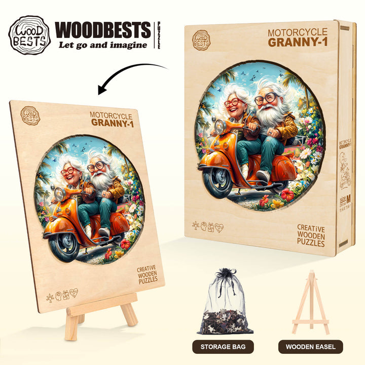Wooden jigsaw puzzle 'Motorcycle Granny-1', featuring a whimsical design with an elderly couple on a scooter, ideal for mind games.