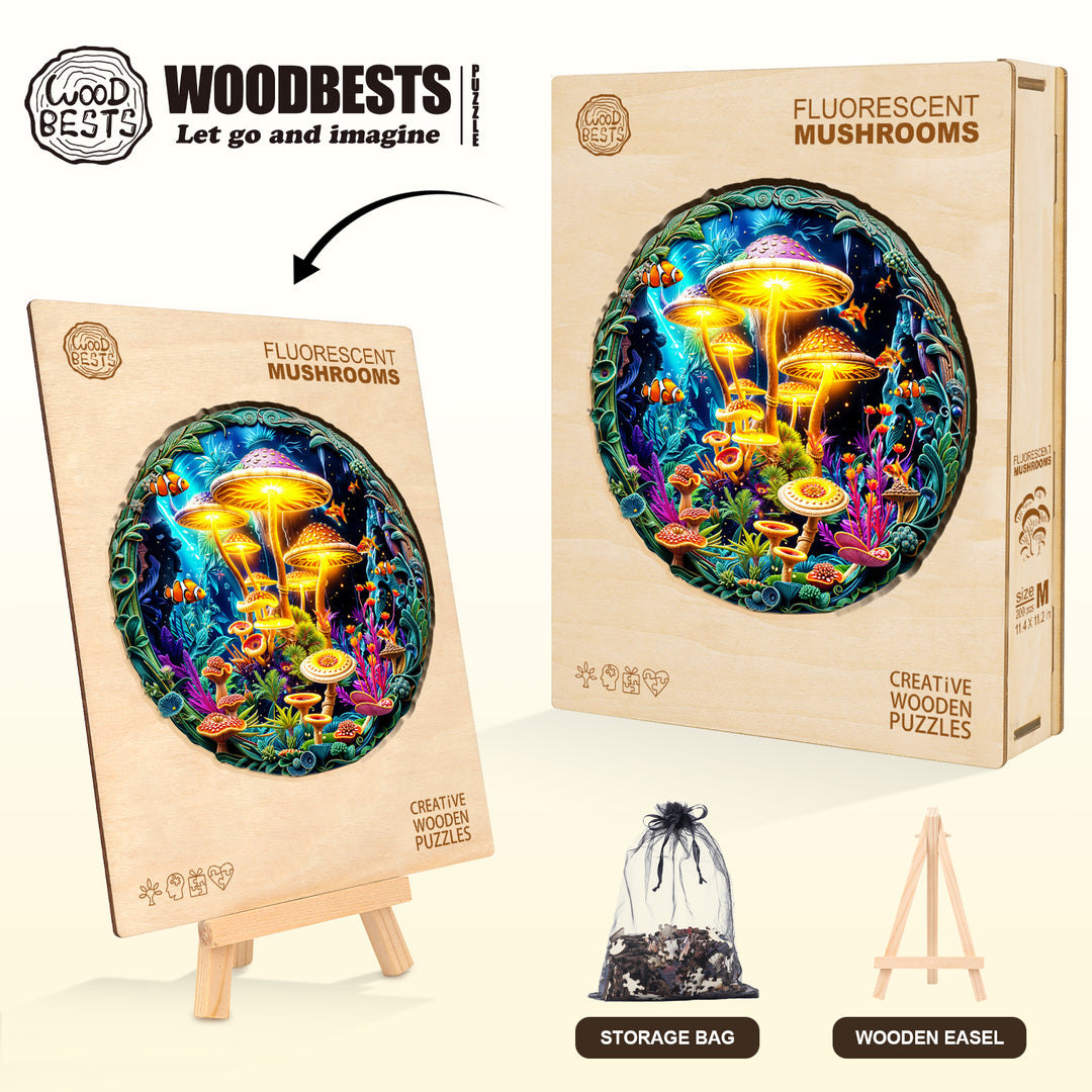 fluorescent mushrooms Wooden Jigsaw Puzzle