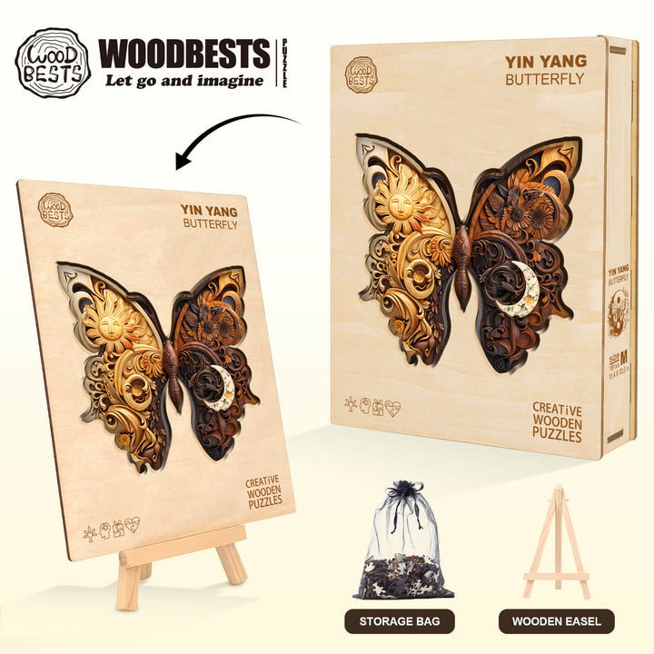 Yin Yang Butterfly wooden jigsaw puzzle with storage bag and wooden easel, promoting focus and cognitive skills.
