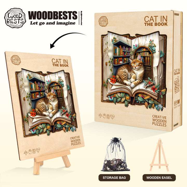 Cat in the book Wooden Jigsaw Puzzle