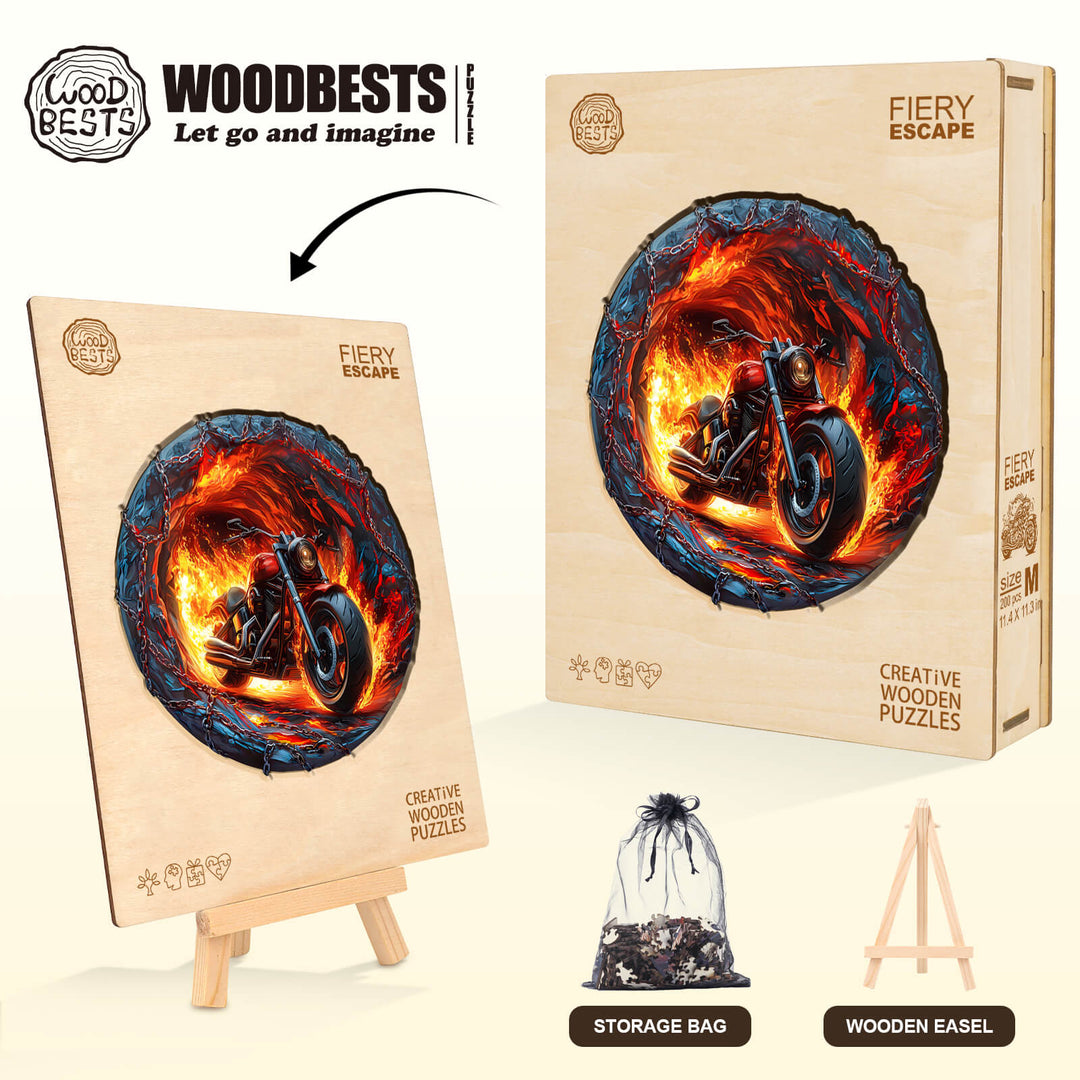 Fiery Escape wooden jigsaw puzzle box art featuring a motorcycle in flames, ideal for mind games and focus.