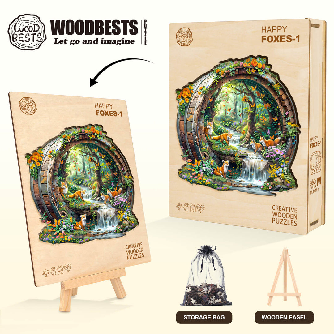 Happy foxes-1 wooden jigsaw puzzle featuring vibrant artwork, storage bag, and wooden easel for enthusiasts.
