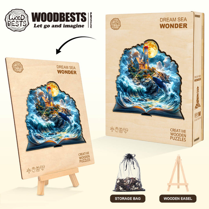 Dream Sea Wonder wooden jigsaw puzzle with storage bag, wooden easel, and colorful ocean scenery, perfect for mindful play.