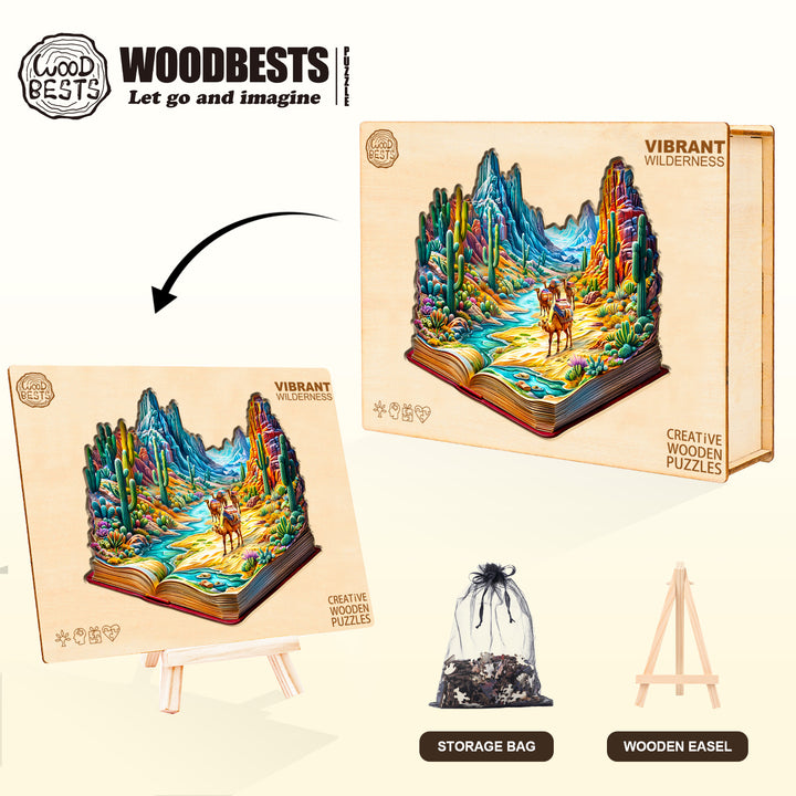 Vibrant Wilderness Wooden Jigsaw Puzzle packaging featuring a colorful landscape and additional storage bag and easel.
