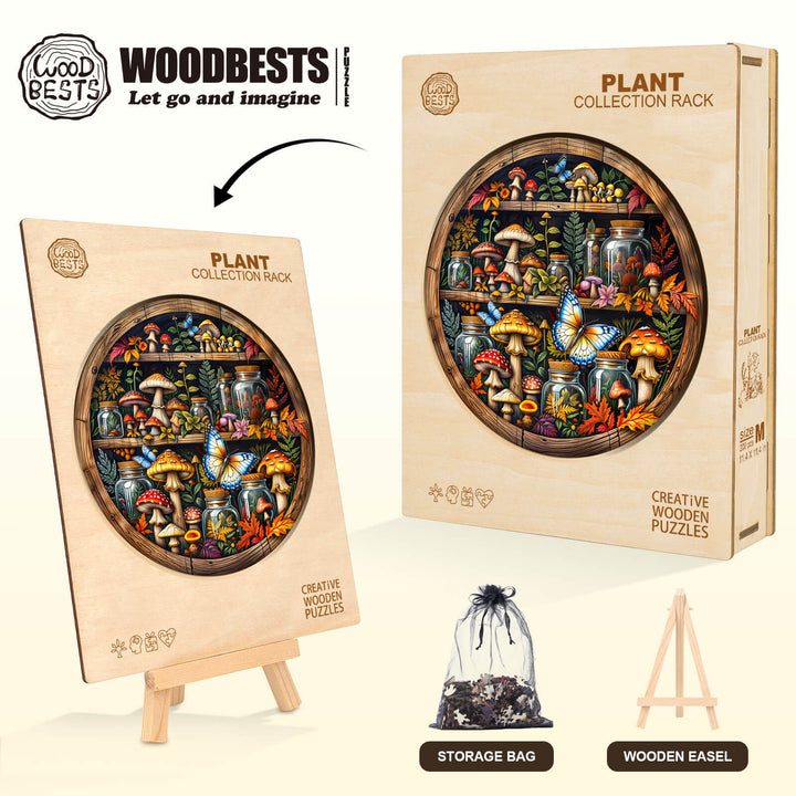 Wooden jigsaw puzzle featuring a plant collection rack design with vibrant colors and details, perfect for mind games and focus.