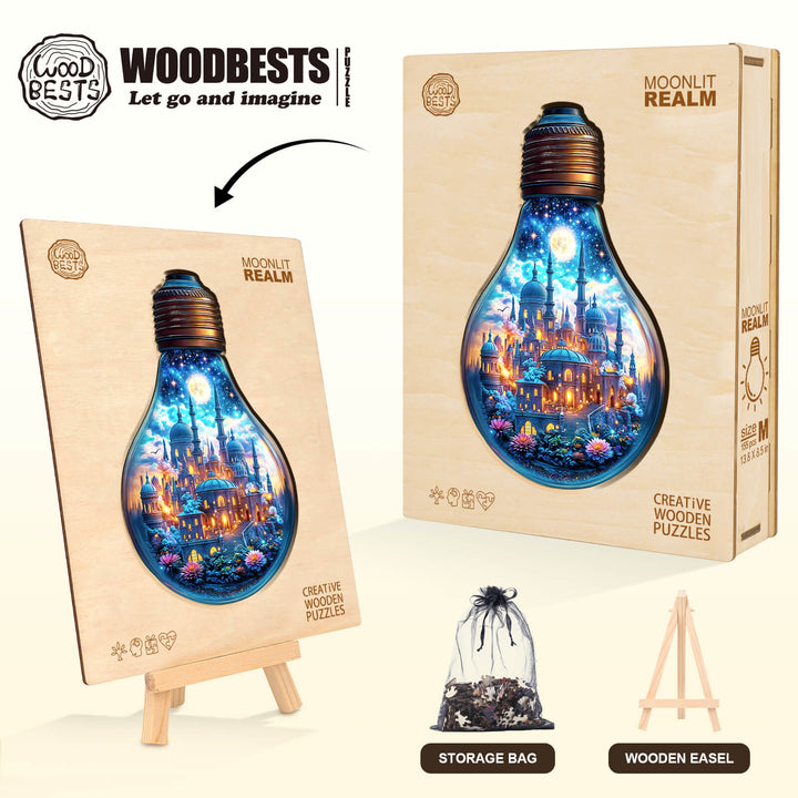 Moonlit Realm Wooden Jigsaw Puzzle featuring a colorful light bulb design with a creative wooden easel and storage bag.
