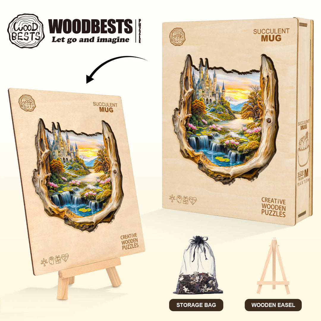 Wooden jigsaw puzzle featuring a scenic landscape in a succulent mug frame, complete with storage bag and wooden easel.