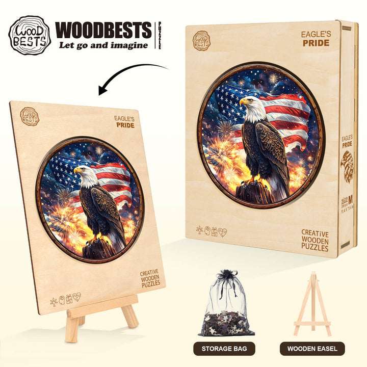 Eagle's Pride wooden jigsaw puzzle featuring an eagle and an American flag, enhancing focus and cognitive skills.