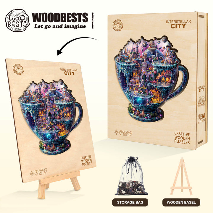 Interstellar City wooden jigsaw puzzle featuring a colorful cup design, complete with wooden easel and storage bag.