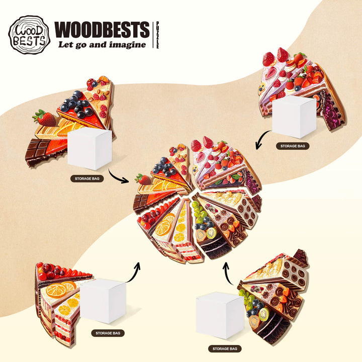 Colorful cake puzzle pieces arranged with storage bags, perfect for enhancing focus and brain skills in jigsaw puzzles.