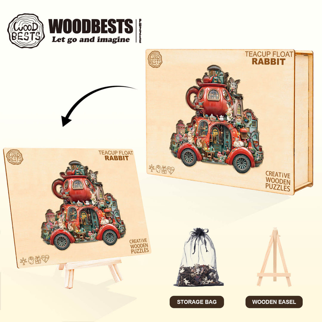 Puzzle en bois en forme de lapin flottant dans une tasse à thé