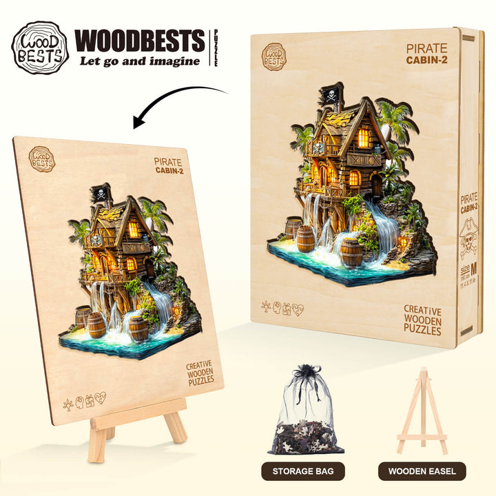 Pirate cabin-2 wooden jigsaw puzzle featuring a pirate house, barrels, and a waterfall design, ideal for mind games.