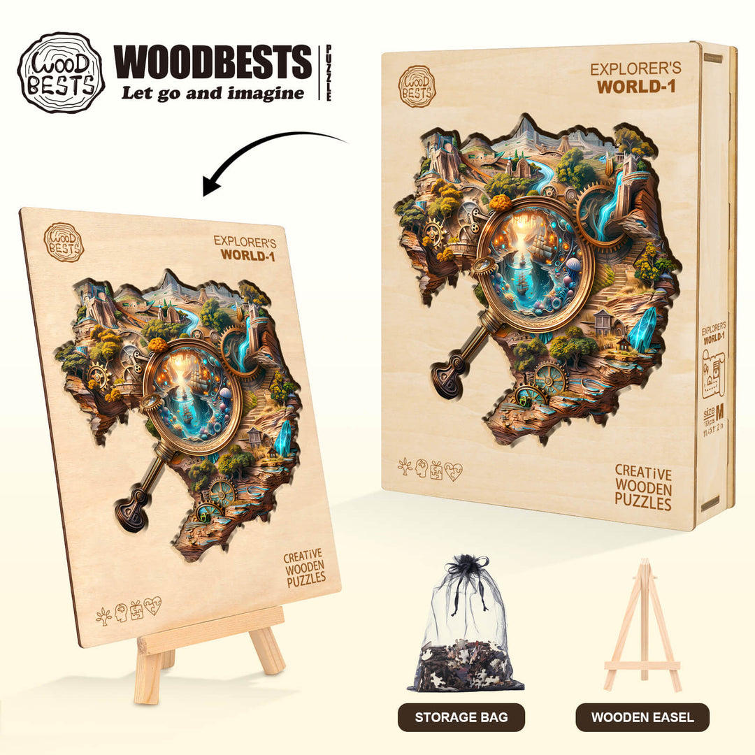 Explorer's World-1 Wooden Jigsaw Puzzle with artistic design and storage bag, perfect for cognitive development.