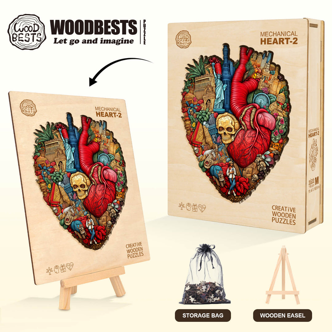 Mechanical Heart-2 wooden jigsaw puzzle by Woodbests, featuring vibrant heart and skull design for creative minds.