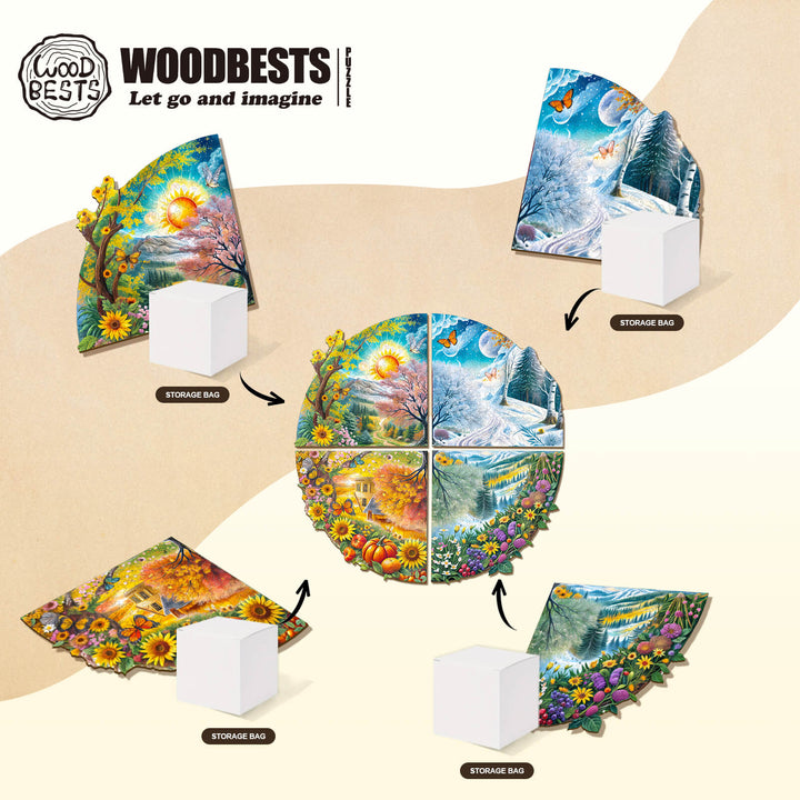 Four Seasons puzzle showcasing colorful pieces in a creative layout with storage bags for easy organization.