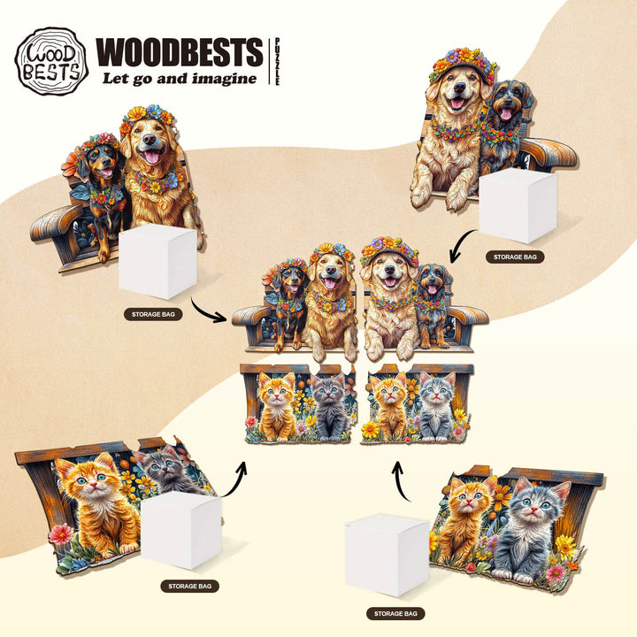 Woodbests Party Puzzle featuring colorful dogs and cats on a bench, perfect for puzzle enthusiasts and mind games.