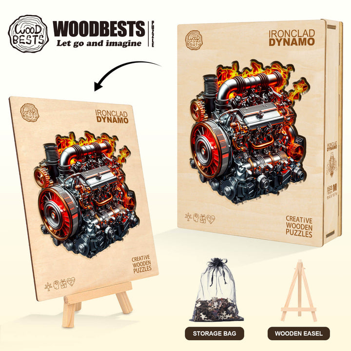 Ironclad Dynamo wooden jigsaw puzzle featuring a detailed engine design, promoting focus and problem-solving skills.