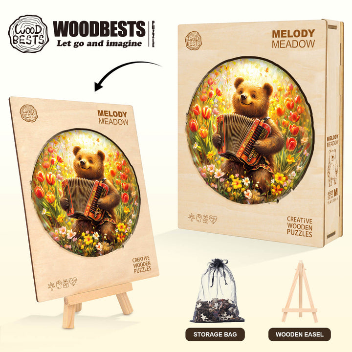 Melody Meadow wooden jigsaw puzzle featuring a bear playing accordion, perfect for mind games and enhancing focus.