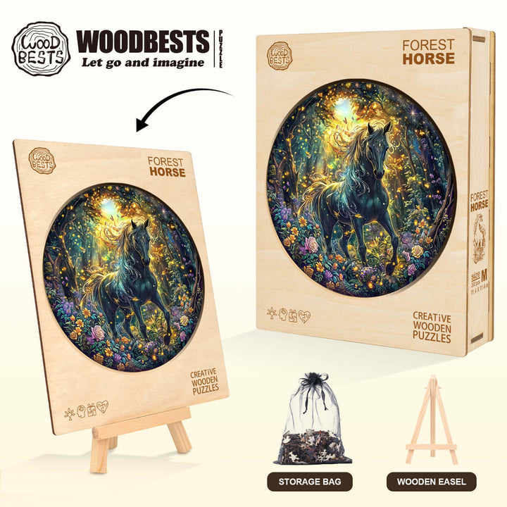 Forest Horse Wooden Jigsaw Puzzle with colorful design, storage bag, and wooden easel showcased.