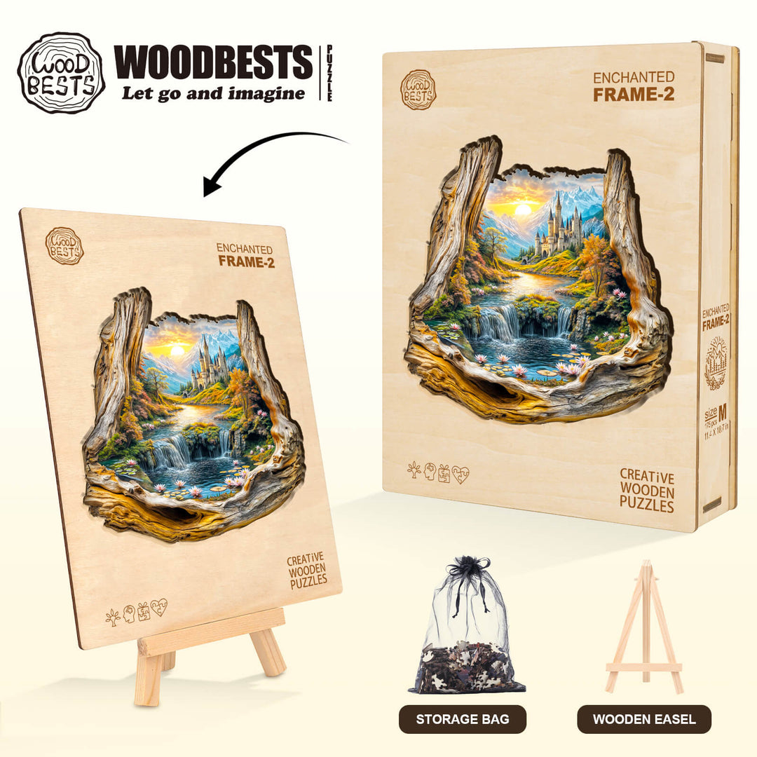 Enchanted Frame-2 wooden jigsaw puzzle with a scenic design, creative easel, and storage bag for mind games and focus.