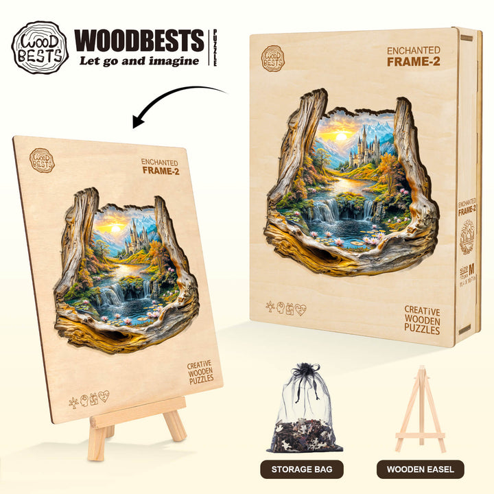 Enchanted Frame-2 wooden jigsaw puzzle with a scenic design, creative easel, and storage bag for mind games and focus.