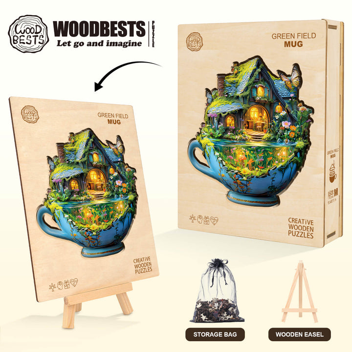 Wooden jigsaw puzzle featuring a green field mug design, ideal for enhancing focus and mental agility.