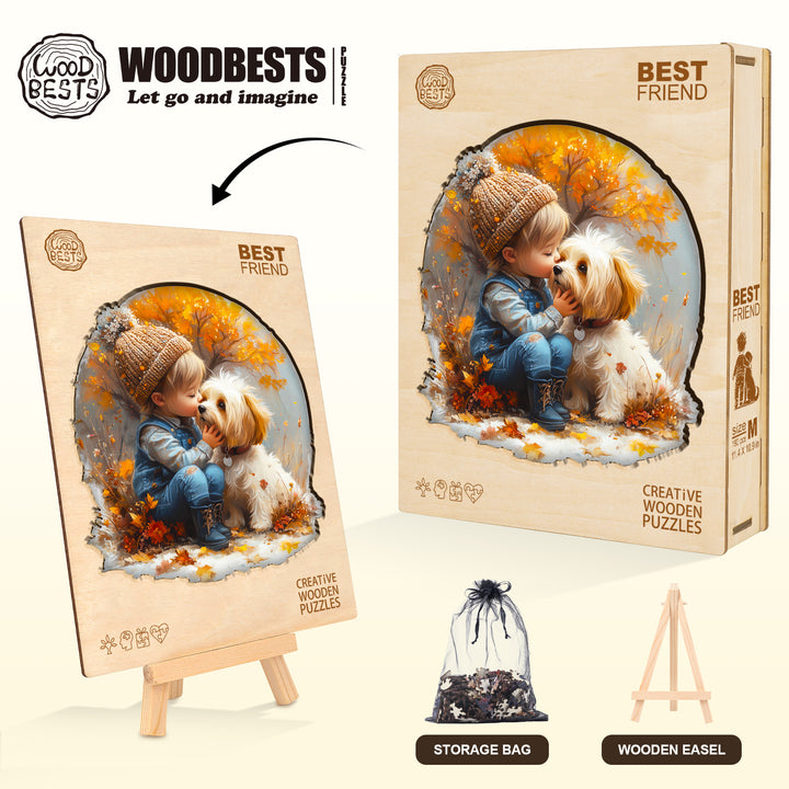 Best Friend wooden jigsaw puzzle featuring a child and dog, ideal for mind games and enhancing focus and intelligence.