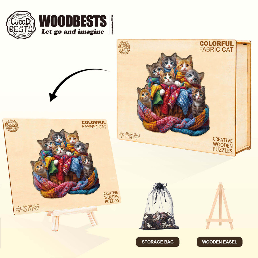 Buntes Stoffkatzen-Holzpuzzle