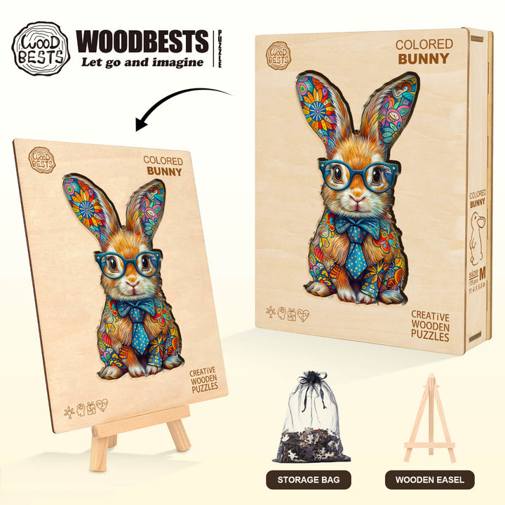 Colored bunny wooden jigsaw puzzle with intricate design, enhancing focus and intelligence through engaging mind games.