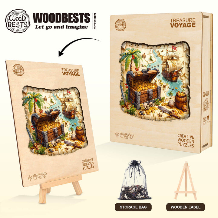Treasure Voyage wooden jigsaw puzzle showcasing a treasure chest and palm trees, designed for mind games and focus.