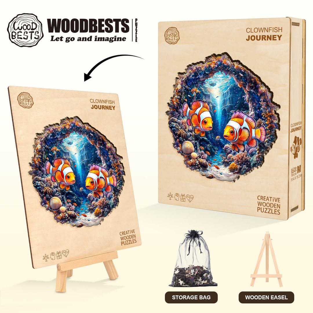 Clownfish Journey wooden jigsaw puzzle box with clownfish design, includes storage bag and wooden easel, perfect for puzzle lovers.