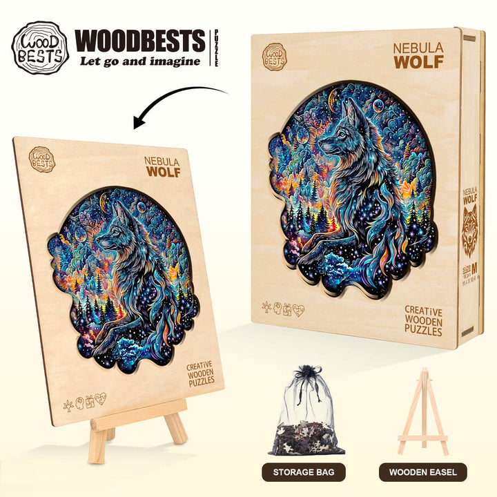 Nebula Wolf wooden jigsaw puzzle, designed for mind games and focus, featuring colorful cosmic wolf design.