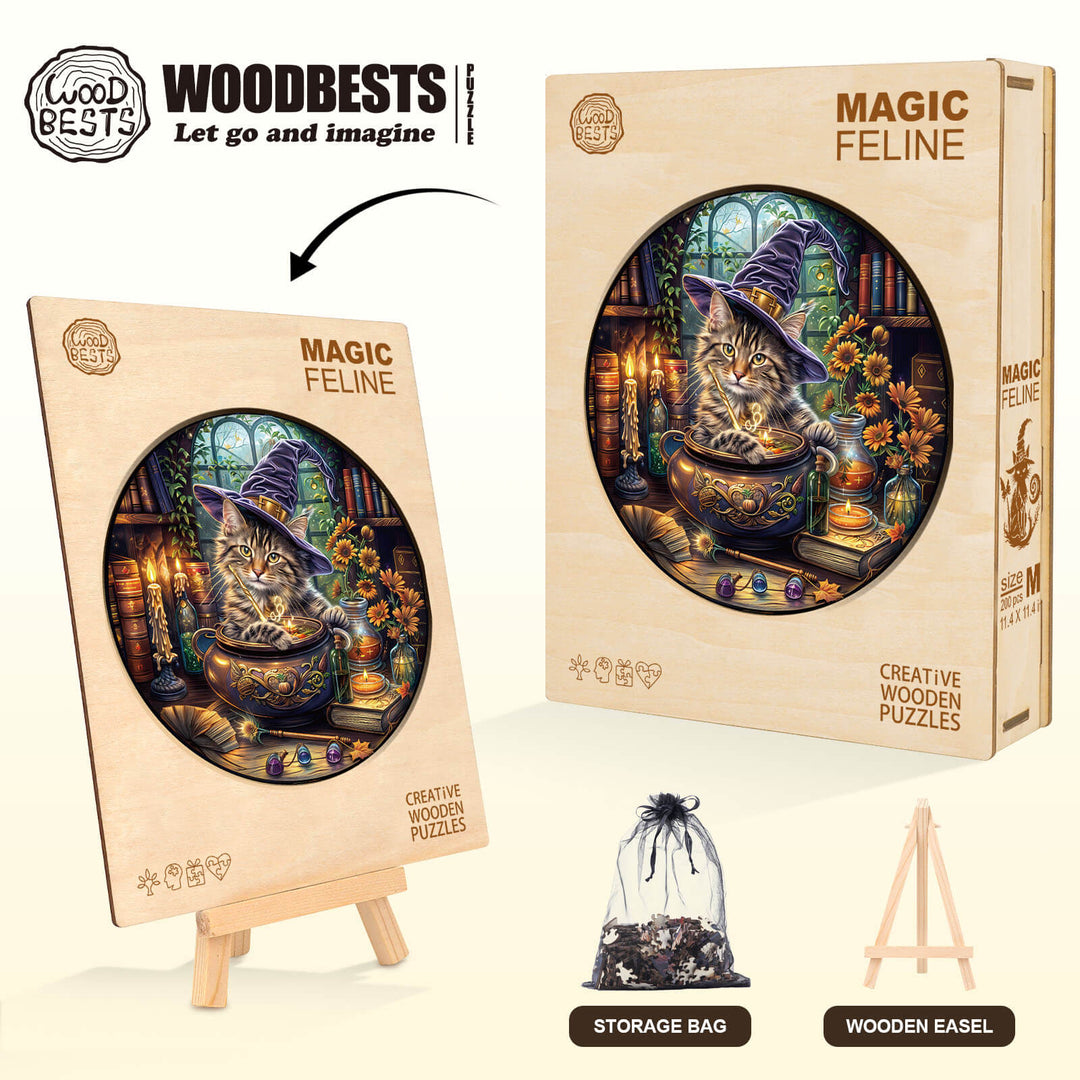 Magic Feline wooden jigsaw puzzle featuring a cat in a wizard hat, with storage bag and wooden easel for display.