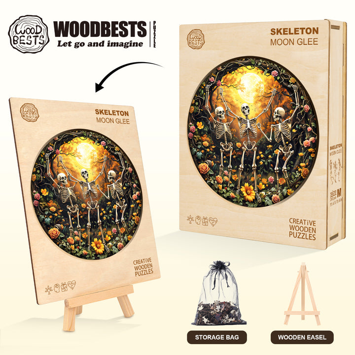 Skeleton Moon Glee wooden jigsaw puzzle featuring playful skeletons among flowers, designed for focus and mental challenge.