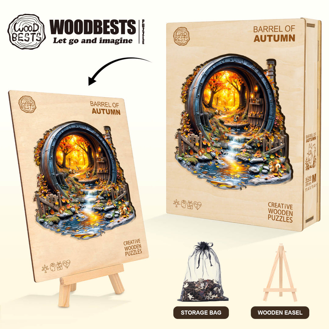 Barrel of Autumn wooden jigsaw puzzle featuring a serene autumn scene, perfect for enhancing focus and cognitive skills.