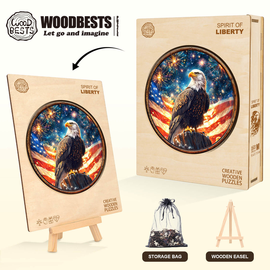 Spirit of Liberty wooden jigsaw puzzle featuring an eagle and American flag, designed for focus and mental stimulation.