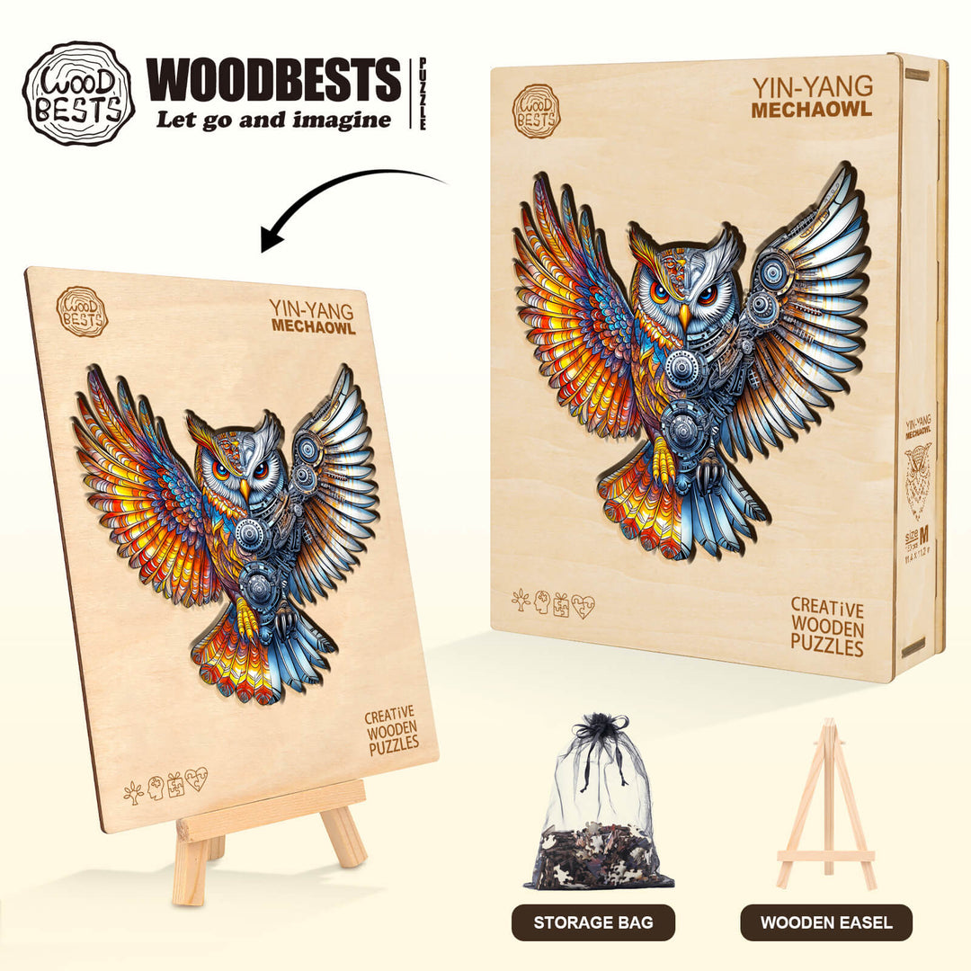 Yin-Yang MechaOwl wooden jigsaw puzzle featuring an intricately designed owl, ideal for mindfulness and brain games.