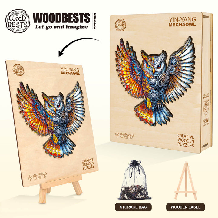 Yin-Yang MechaOwl wooden jigsaw puzzle featuring an intricately designed owl, ideal for mindfulness and brain games.