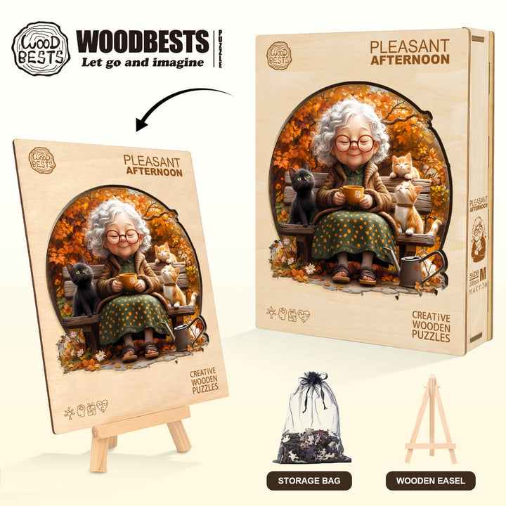 Pleasant afternoon wooden jigsaw puzzle featuring a joyful grandma with cats in an autumn setting, enhances focus and fun.