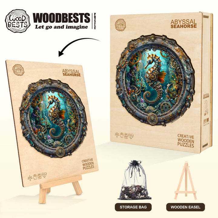 Abyssal seahorse wooden jigsaw puzzle packaging with creative design and storage bag. Ideal for puzzle enthusiasts.