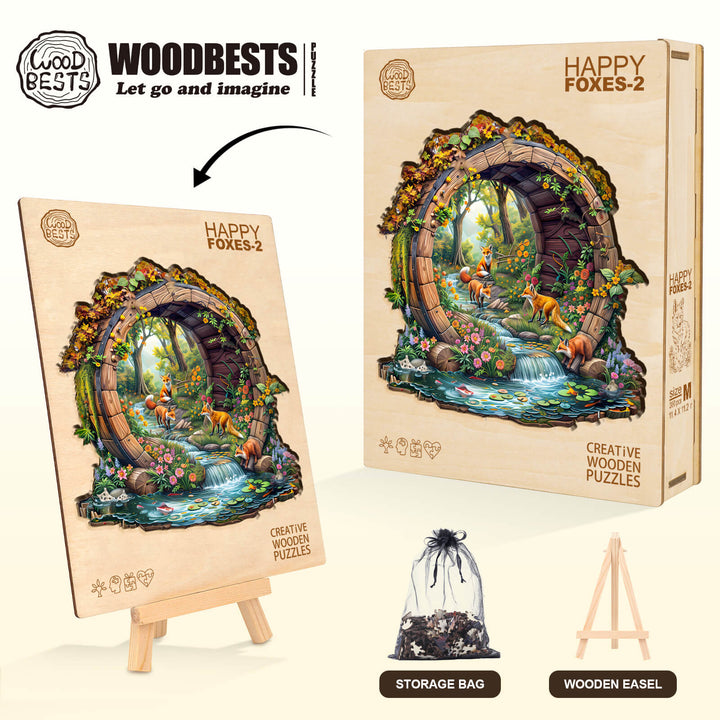Happy foxes-2 wooden jigsaw puzzle with vibrant artwork, designed for mind games to enhance focus and cognitive skills.