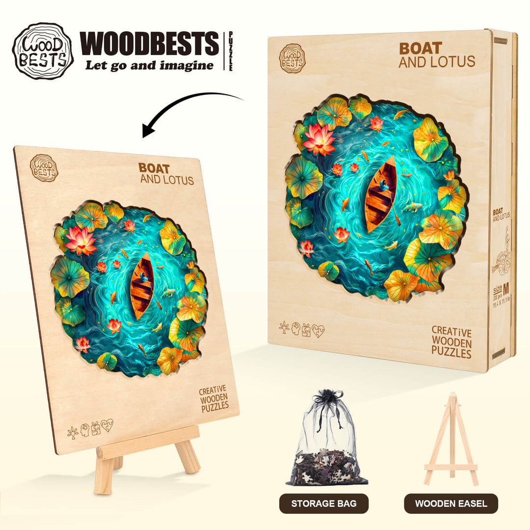 Boat and Lotus Wooden Jigsaw Puzzle
