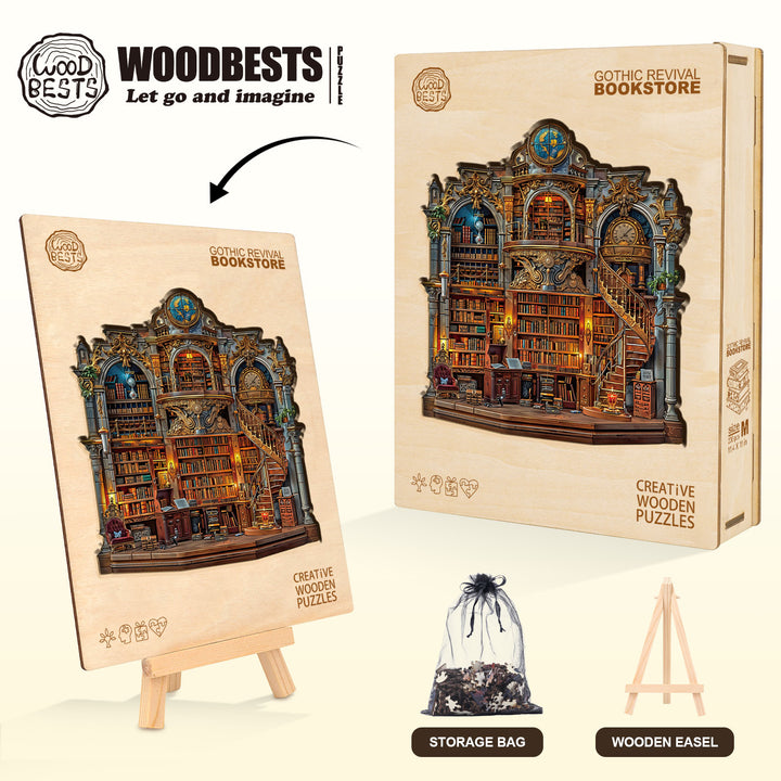 Gothic Revival Bookstore Wooden Jigsaw Puzzle