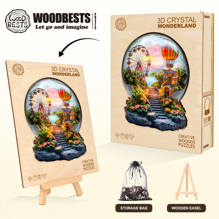 3D Crystal Wonderland wooden jigsaw puzzle, featuring a scenic globe with a ferris wheel and vibrant colors, perfect for mind games.