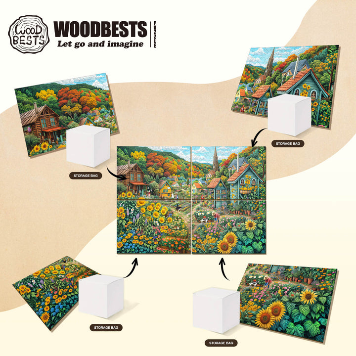 Colorful jigsaw puzzle featuring sunny fields with houses and flowers, showcasing puzzle storage bags and assembly process.