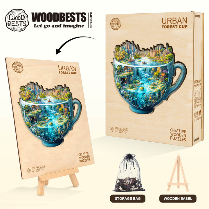 Urban Forest Cup wooden jigsaw puzzle with easel, showcasing a scenic forest design for mindful play and focus.