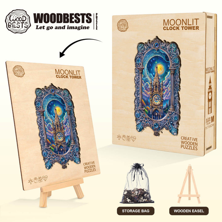 Moonlit clock tower wooden jigsaw puzzle with storage bag and wooden easel for focused mind game experience.