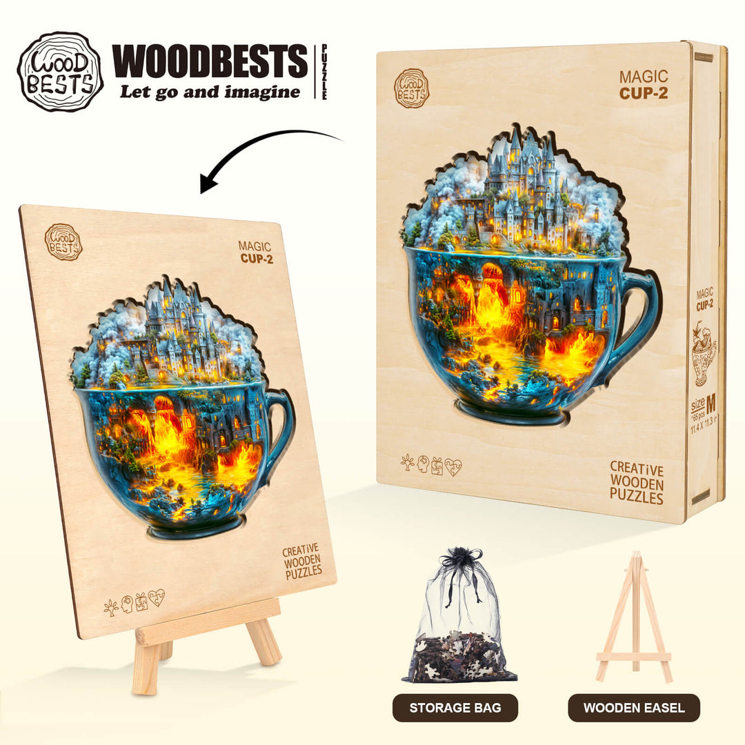 Magic Cup-2 wooden jigsaw puzzle featuring a colorful, imaginative design, ideal for enhancing focus and cognitive skills.