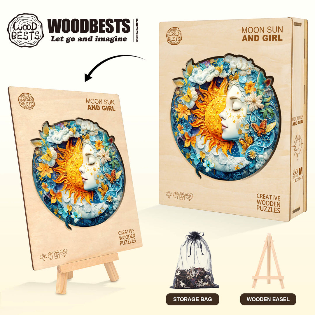 Moon sun and girl Wooden Jigsaw Puzzle