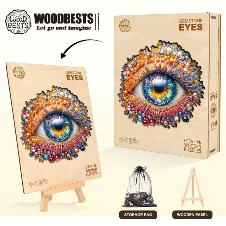 Puzzle en bois avec yeux en pierres précieuses